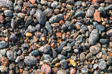 Background, texture of wet coastal pebbles.