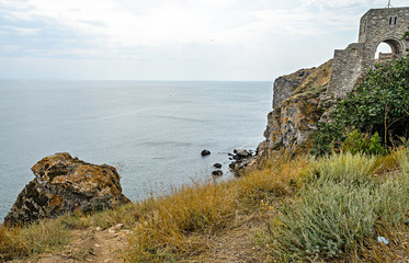 Green Thracian cliffs, Kaliakra Lighthouse, Black sea water, bulgarian coastline