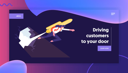 Reach New Level of Career Development Website Landing Page. Business Woman or Manager with Jetpack on Back Punch Through Rock Wall to Goal Achievement Web Page Banner. Cartoon Flat Vector Illustration