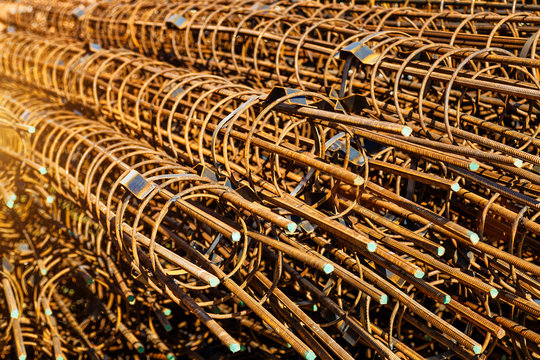 Industrial background. Rebar texture. Rusty rebar for concrete pouring. Steel reinforcement bars. Construction rebar steel work reinforcement. Closeup of Steel rebars.