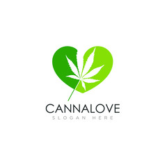 negative space logo cannalove, with heart symbol andabstrack cannabis vector