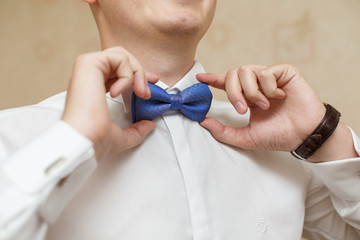 Groom's morning. Wedding preparing. Man putting on tie-butterfly. Business dress code