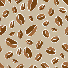 Coffee beans seamless pattern. Isolated on beige. Hand drawn style. Line art sketh