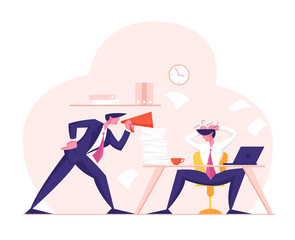Angry Furious Boss Character Yelling to Megaphone at Employee Office Worker Sitting at Desk with Computer and Documents. Businessman in Stress Deadline Situation. Cartoon Flat Vector Illustration