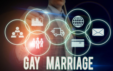 Writing note showing Gay Marriage. Business concept for entered into in a civil or religious ceremony of the same sex Woman wear formal work suit presenting presentation using smart device