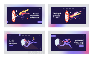 Developing of New Strategies, Career Boost Website Landing Page Set. Businesspeople with Jetpack Punch Through Hole in Wall, Huge Target. Goal Achieve Web Page Banner. Cartoon Flat Vector Illustration