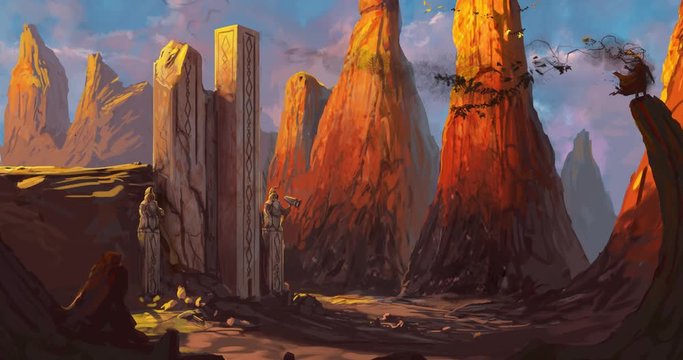 Ruined fortress in a rocky desert being overrun by a dangerous evil character - digital fantasy painting - animated illustration