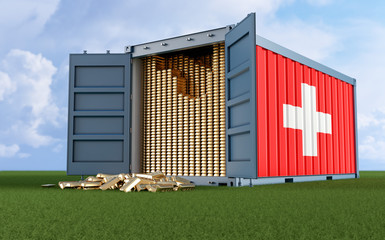 Fototapeta na wymiar Freight Container with Swiss flag filled with Gold bars. Some Gold bars scattered on the ground - 3D Rendering