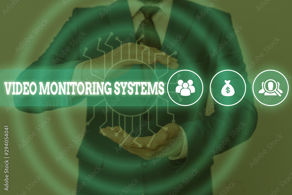 Poster handwriting text writing video monitoring systems. conceptual photo surveillance transmit capture im