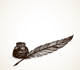 Vector freehand drawing of ancient pen and inkwell