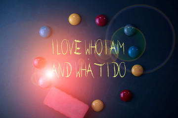 Word writing text I Love Who I Am And What I Do. Business photo showcasing High selfstem being...
