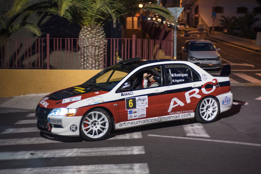 Tenerife, Spain - April, 9, 2018: Mitsubishi Evo in night rally show in Tenerife, Canary islands, Spain.
