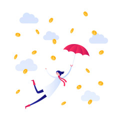 Vector flat autumn sale people illustration. Female with umbrella in coat and scarf flying in money rain isolated on white background. Design element for banner, poster, web, inforgraphics, leaflet.