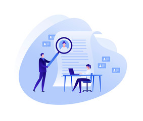 Vector flat business human resources people illustration. Businessman and woman team with magnifier looking at cv paper document. Concept of hr audit. Design element for banner, poster, infographics