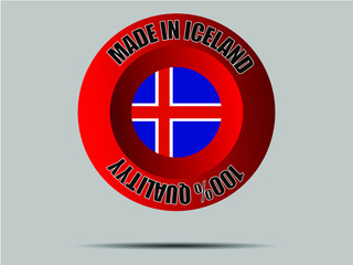 Iceland National flag inside Big red made in button. Original color and proportion. vector illustration, from world countries set. Isolated on gray background