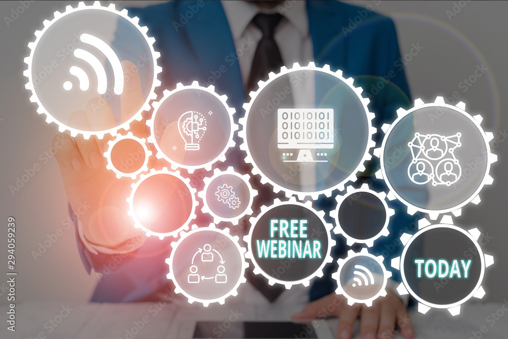 Poster writing note showing free webinar. business concept for free workshop or seminar that is transmitted