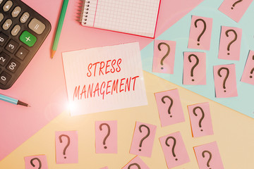 Word writing text Stress Management. Business photo showcasing method of limiting stress and its effects by learning ways Mathematics stuff and writing equipment above pastel colours background
