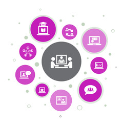online conference Infographic 10 steps bubble design.group chat, online learning, webinar, conference call icons