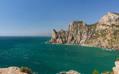 Sudak, New Light, Crimea nature landmark moutains and rocks in Black Sea