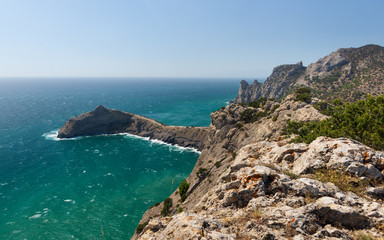 Sudak, New Light, Crimea nature landmark moutains and rocks in Black Sea