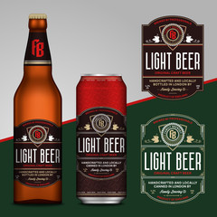 Vector brown and red beer labels. Realistic aluminum can and glass bottle mockups. Brewing company branding and identity design elements