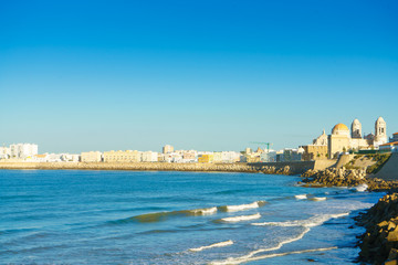  view at Cadiz sea side with Cadiz Cathedral on a background, Spain