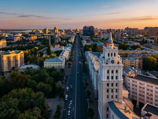 Fototapeta premium Evening summer Voronezh, aerial view. Tower of management of south-east railway and Revolution prospect