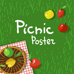 Picnic classic basket on grass with apples.banner usefall in social networks design with copy space Vector illustration
