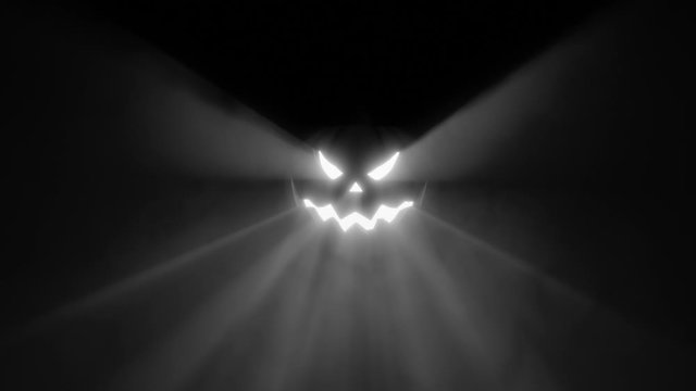 Pumpkin with head move and white volumetric foggy light animated on the beat, seamless loop halloween light show vj clip.