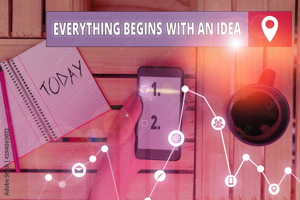 Poster writing note showing everything begins with an idea. business concept for steps you take to turn an 