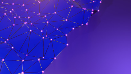 Futuristic polygonal background of low poly surface with connected spheres and lines. Abstract 3d rendering.