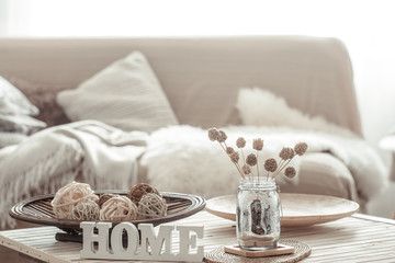 Fototapeta na wymiar Cozy bright living room with sofa and pillows.