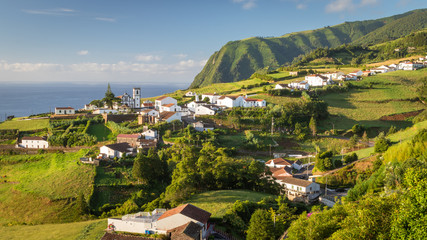 View of Pedreira village at northeast coast of Sao Miguel island, Azores, Portugal - obrazy, fototapety, plakaty