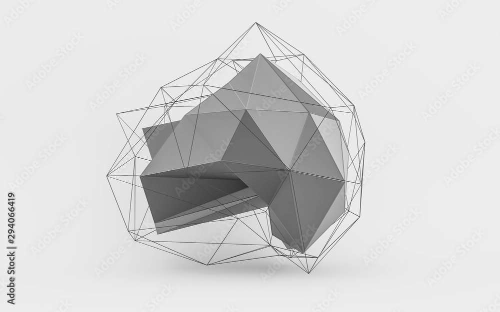 Poster geometric white polygonal structure with wire mesh, modern chaotic science and tech object 3d render