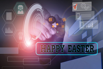 Handwriting text Happy Easter. Conceptual photo the Christian celebration of the Resurrection of Christ Male human wear formal work suit presenting presentation using smart device