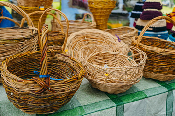 Vintage wood baskets on folk festival. 