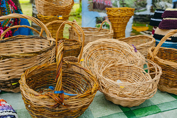 Vintage wood baskets on folk festival. 