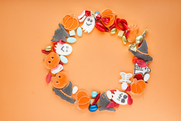 Happy Halloween frame from trick or treat Funny delicious Halloween cookies top view