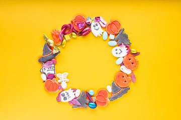 Happy Halloween frame from trick or treat Funny delicious Halloween cookies top view