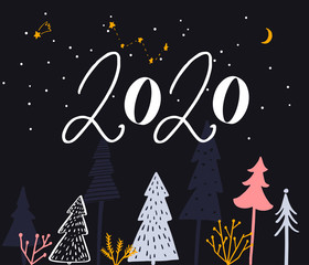 Naklejka premium 2020 year text, different numbers lettering inscription and illustration of Christmas trees. Night background with stars, winter forest greeting card.