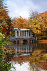 Russia, St. Petersburg, October 5. 2019, Catherine Park. In the photo - an autumn pond with fallen...