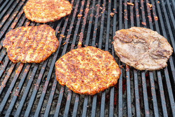 Appetizing pieces of grilled meat cooked on the grill