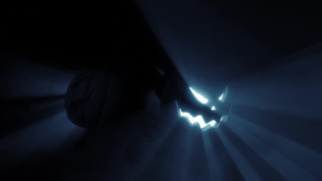 Pumpkins with head move and blue volumetric foggy light animated on the beat, seamless loop halloween light show vj clip, circular movement.