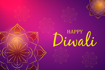 Happy Diwali festival background. Greeting card or banner design with Indian Rangoli and highlights. Template for the celebration of the festival of lights. Vector illustration in flat style.
