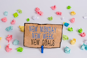 Text sign showing New Monday New Week New Goals. Business photo text Be positive every start of the week Colored crumpled papers empty reminder white floor background clothespin