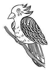 Vector illustration cute little parrot isolated on white. Hand drawn decorative tropical bird sit in branch. Outline drawing  for child design. Drawing in cartoon style for child coloring book.