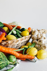 raw vegetables for Turkish homemade pickles. Vegetables are carrot, onion, cabbage, cucumber, onion, garlic, lemon, russian cucumber and green bean