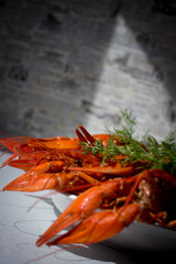 Boiled crayfish on the table