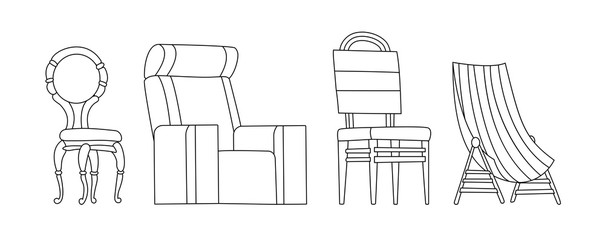 Coloring book page. Chair vector comfortable seat for interior style. Design of modern chair and armchair illustration set of camp bar-chair and folding-chair isolated on white background.