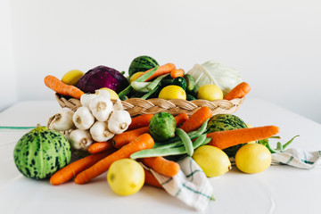 raw vegetables for Turkish homemade pickles. Vegetables are carrot, onion, cabbage, cucumber, onion, garlic, lemon, russian cucumber and green bean